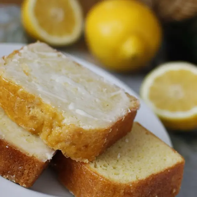 Glazed lemon pound cake with fresh lemons