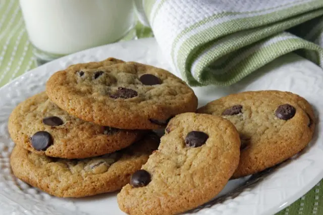 Plate of chocolate chip cookies with a glass of milk